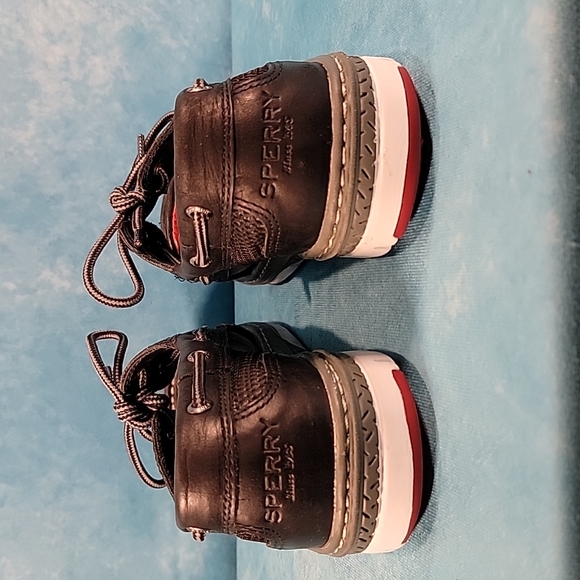 ❤Men's Sperry Top Siders, Black Leather w/ Tri-Color Soles & Memory Foam Insoles - Picture 7 of 13